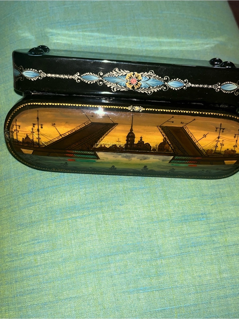Kholuy handpainted Lacquer Box. Gold Makers Stamp on bottom. St Petersburg bridg